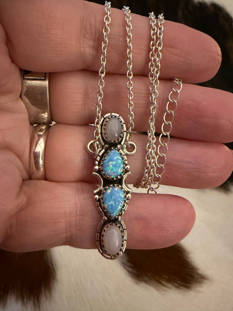 Blue Ethiopian Opal & Peruvian Pink Opal Sterling Silver Necklace 18+2”